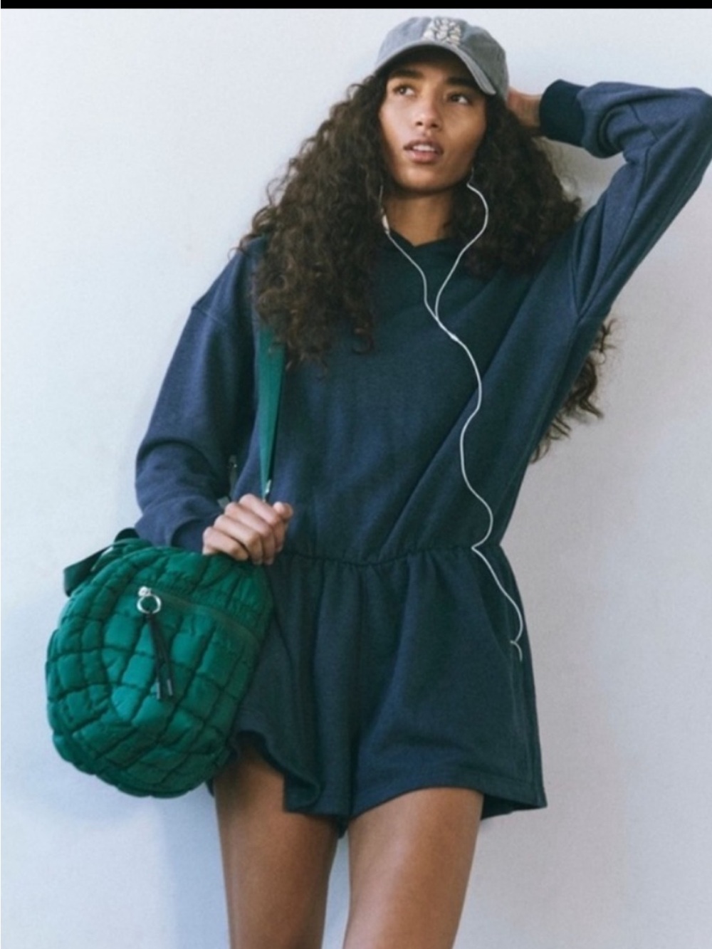 FP Movement by Free People Navy Long-Sleeve Romper with Green Quilted Bag